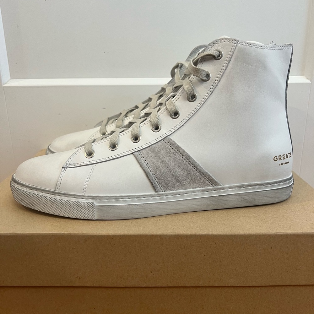 Greats The Reign High Top Blanco Italian Leather Distressed Sneakers Size 8.5 US - Picture 2 of 6
